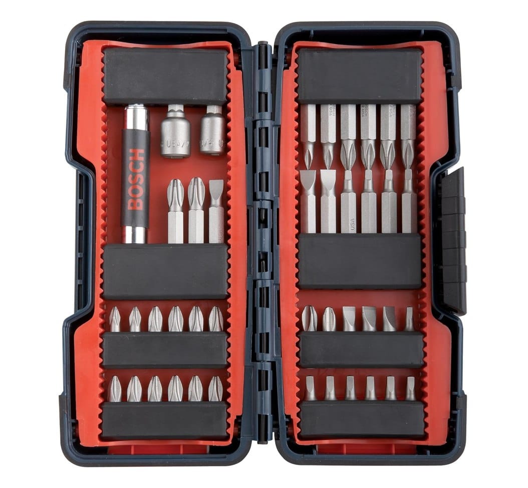 An open view of the Bosch T4042 42-piece mixed bit set inside its heavy-duty storage case, showing an organized assortment of Phillips, slotted, and Torx driving bits, nut setters, and a bit holder designed for impact tough applications in wood and metal.