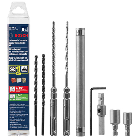 A comprehensive studio product catalog shot of the complete Bosch TCHC9 9-Piece SDS-Plus Carbide Masonry Drill Bit Set isolated on a clean white background. Organized from left to right, the layout features the clear plastic reusable retail storage tube package, two premium black masonry drill bits, two high-performance silver SDS-Plus hammer bits featuring specialized hex drive shoulders, a long steel concrete screw installation drive sleeve, an L-shaped hex key wrench, a multi-groove adapter bit holder, a
