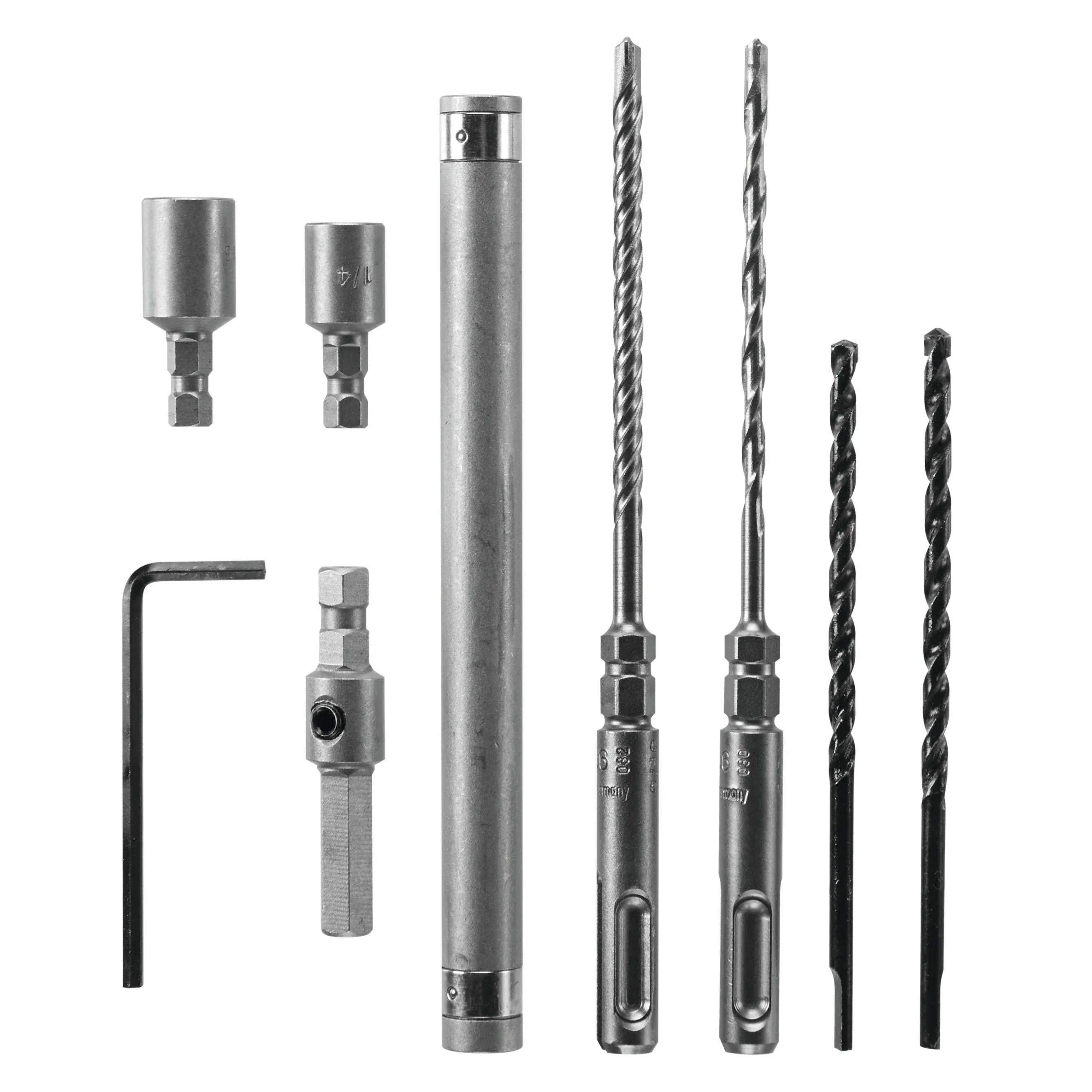 A clean, graphic-free component breakdown layout displaying all loose items included within the Bosch TCHC9 9-piece universal concrete anchor installation set. Arranged symmetrically on a plain white backdrop for clear web visibility, the components highlight two hex sockets, a manual hex key adjustment wrench, a quick-change bit adapter, a matching long steel drive sleeve guide, two premium dual-action SDS-Plus drill bits, and two auxiliary masonry bits.