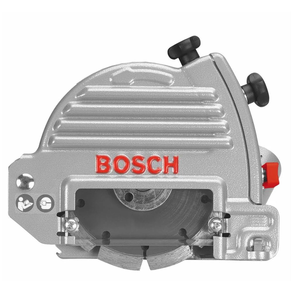 A studio shot of the Bosch TG502 5-inch tuckpointing dust extraction guard, showing the durable silver metallic housing, clear viewing window, and adjustable depth-control knobs.