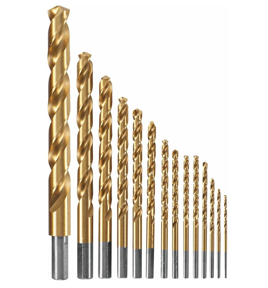 Studio view of fourteen Bosch titanium-coated drill bits arranged in a graduated row from largest to smallest, highlighting the gold-tone finish.
