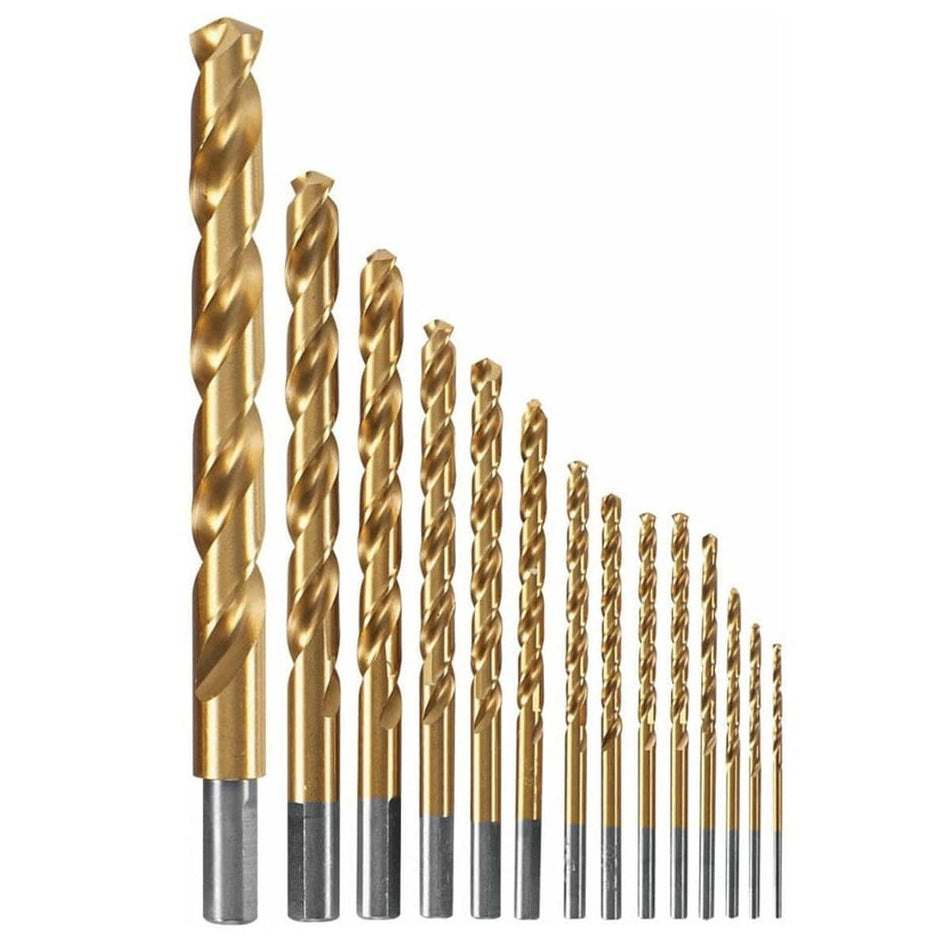 Studio view of fourteen Bosch titanium-coated drill bits arranged in a graduated row from largest to smallest, highlighting the gold-tone finish.