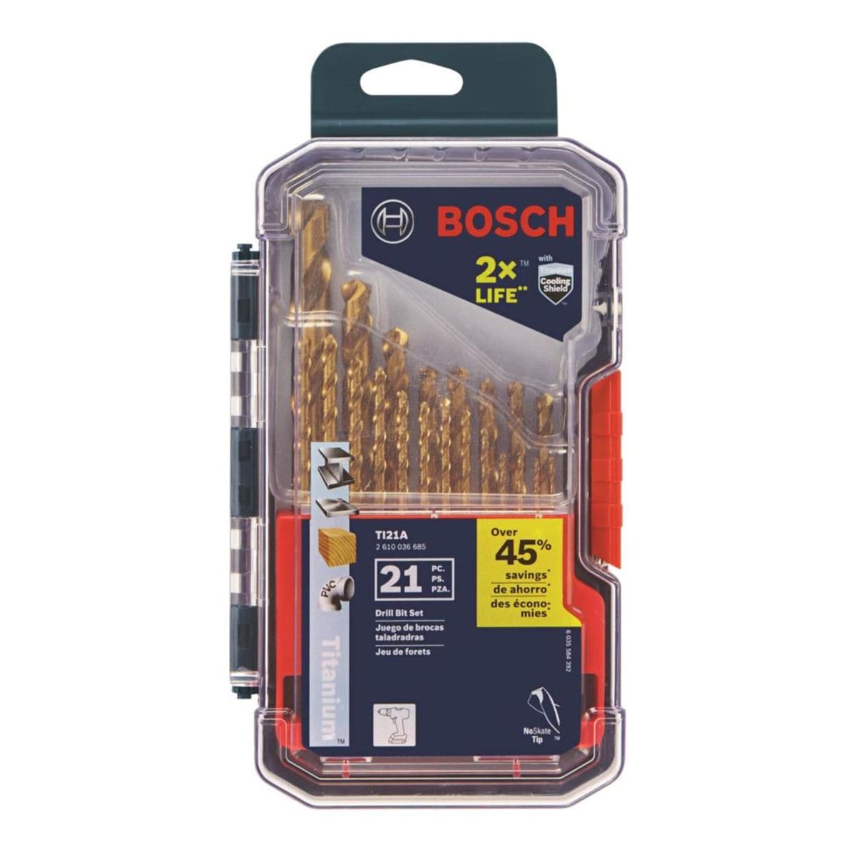 The Bosch TI21A 21-piece titanium nitride coated metal drill bit set in its original retail storage case, featuring high-visibility branding and icons for metal, wood, and plastic applications.