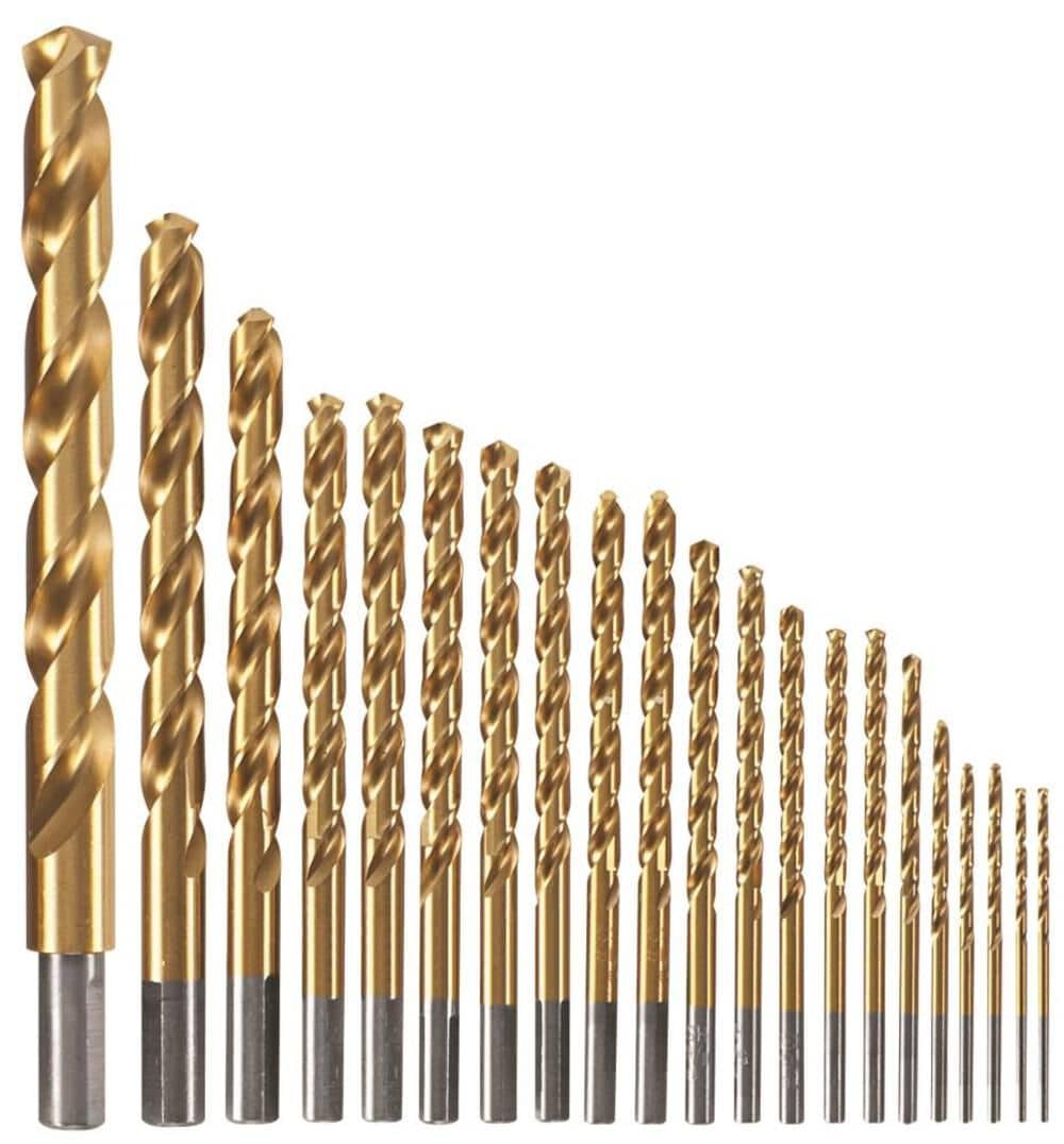 An organized lineup of the 21 Bosch titanium nitride coated drill bits ranging from 1/16 inch to 1/2 inch, showing the gold-colored TiN coating and the three-flat shank design on the larger bits.