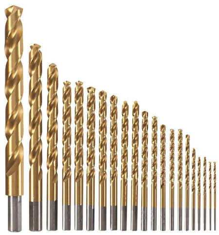 An organized lineup of the 21 Bosch titanium nitride coated drill bits ranging from 1/16 inch to 1/2 inch, showing the gold-colored TiN coating and the three-flat shank design on the larger bits.