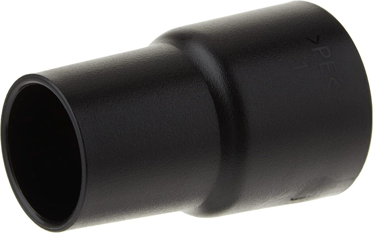 Studio angled view of the black plastic vacuum hose adapter showing the tapered cylindrical shape and material marking molded into the side.