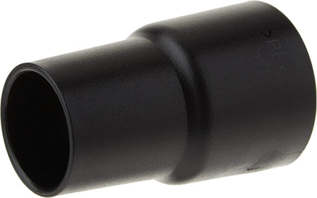 Studio angled view of the black plastic vacuum hose adapter showing the tapered cylindrical shape and material marking molded into the side.