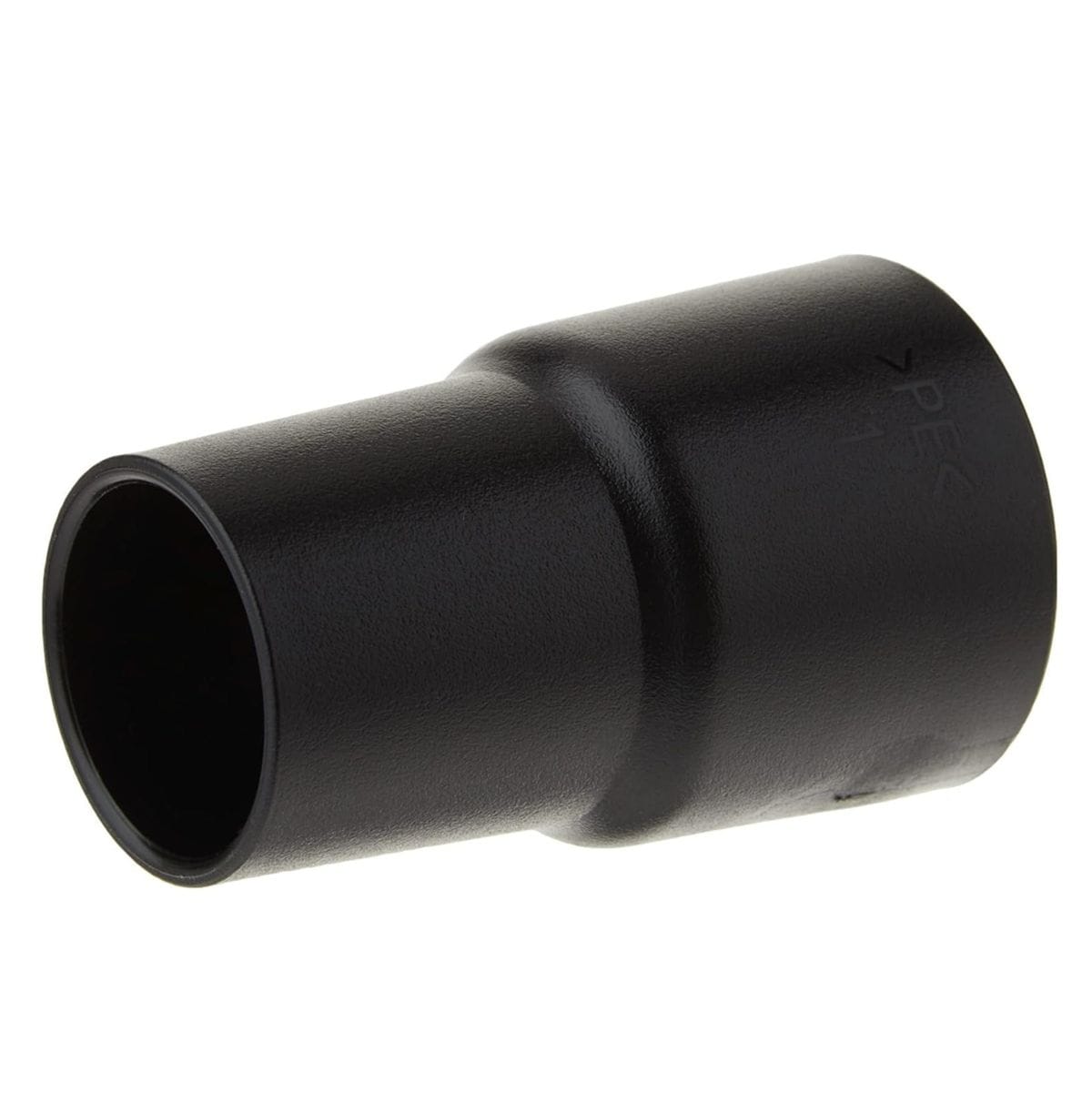Studio angled view of the black plastic vacuum hose adapter showing the tapered cylindrical shape and material marking molded into the side.