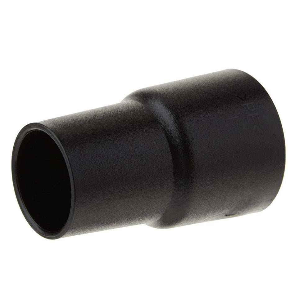 Studio angled view of the black plastic vacuum hose adapter showing the tapered cylindrical shape and material marking molded into the side.
