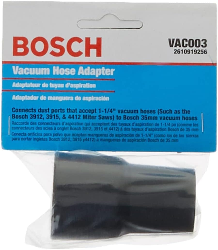 Front view of the retail packaging bag containing the black vacuum hose adapter with a blue Bosch header card stating Vacuum Hose Adapter.