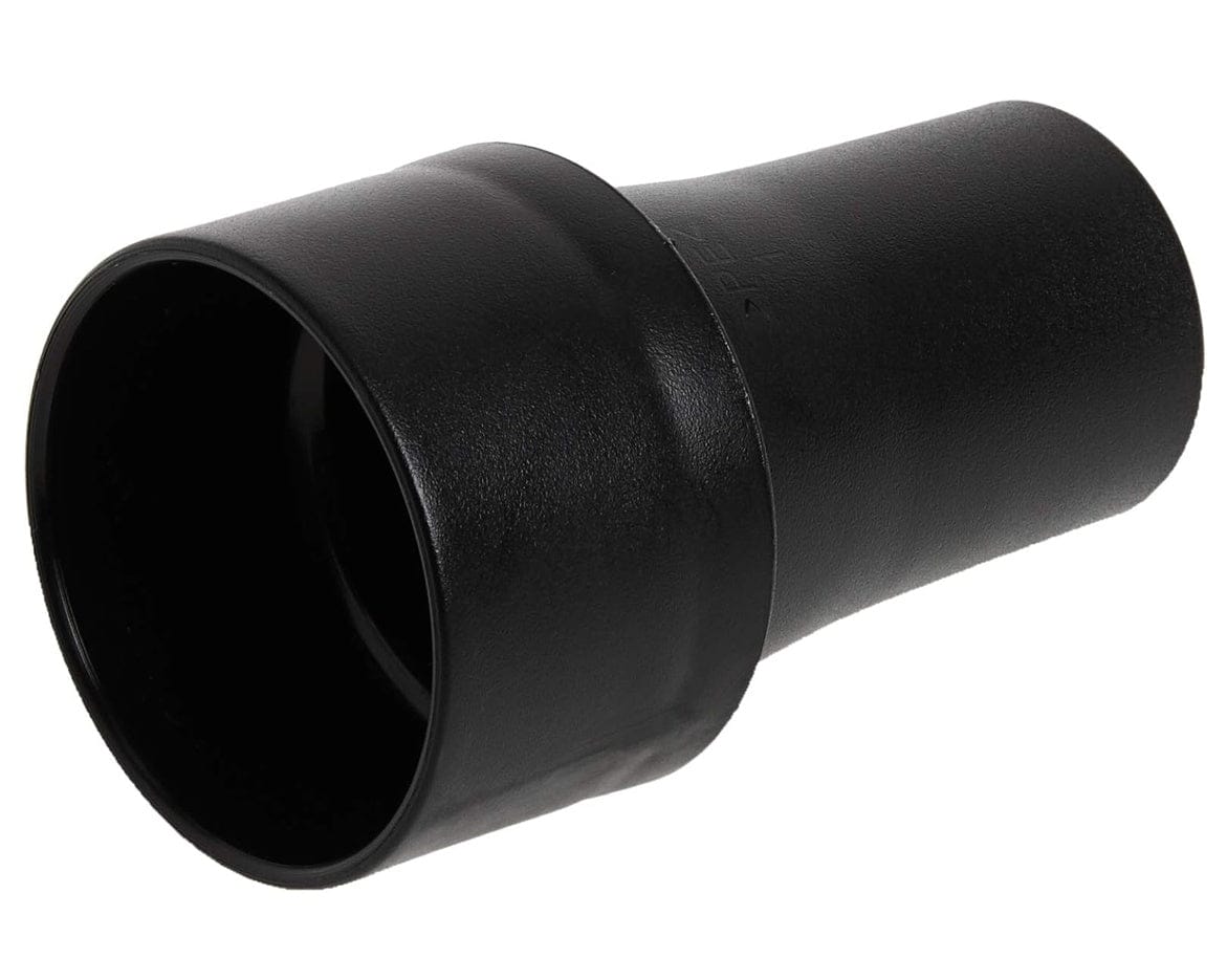 Studio shot of the Bosch VAC004 vacuum hose adapter, a black cylindrical connector with a tapered end for dust collection hoses.