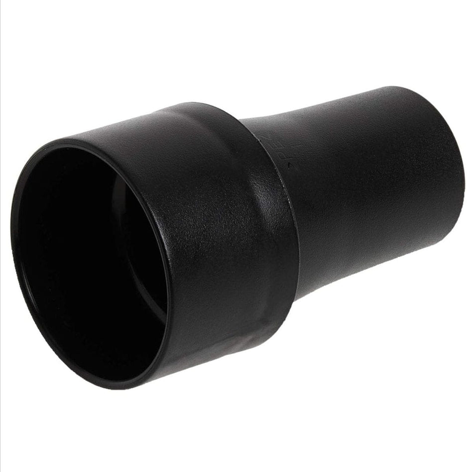 Studio shot of the Bosch VAC004 vacuum hose adapter, a black cylindrical connector with a tapered end for dust collection hoses.