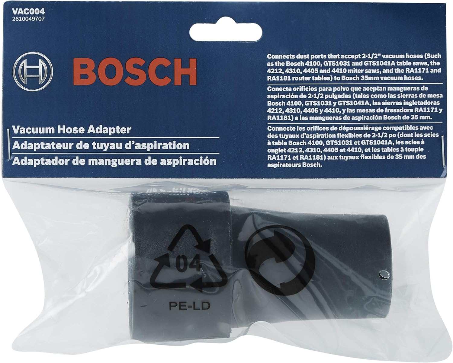 Front retail packaging of the VAC004 adapter in a clear bag with a blue Bosch hang tag listing compatible table saws and miter saws.