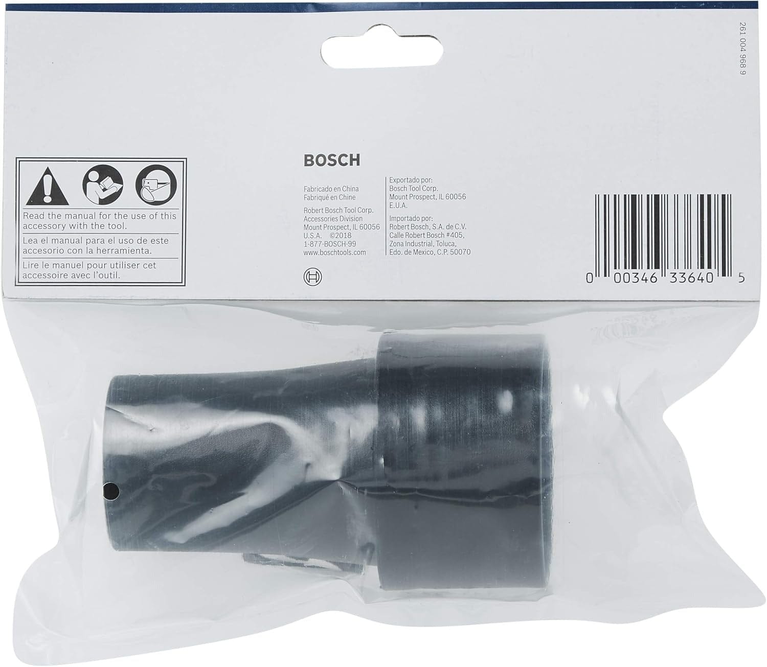 Back of the retail packaging for the VAC004 adapter, displaying barcode, safety warnings, and manufacturer contact information.