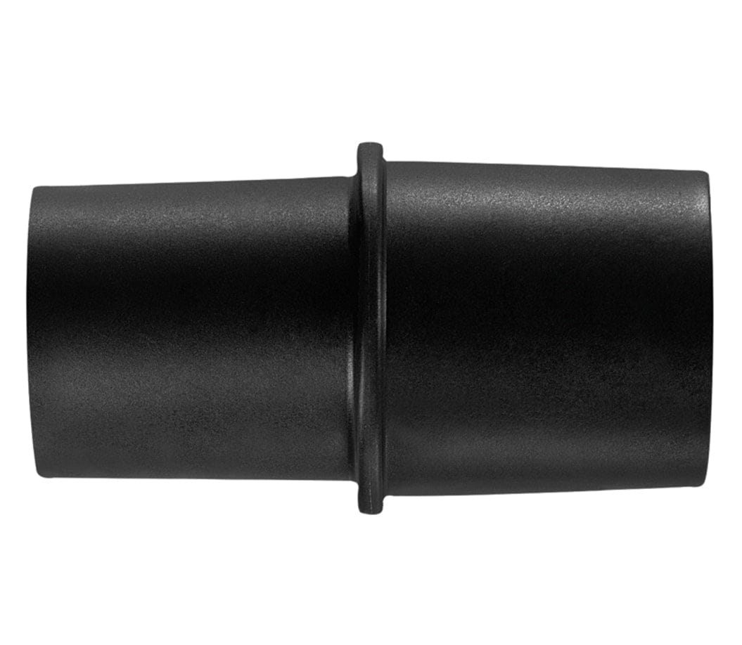 Studio side view of the black plastic vacuum hose adapter showing the tapered design and central flange ridge.