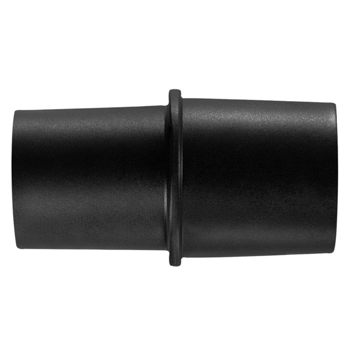 Studio side view of the black plastic vacuum hose adapter showing the tapered design and central flange ridge.