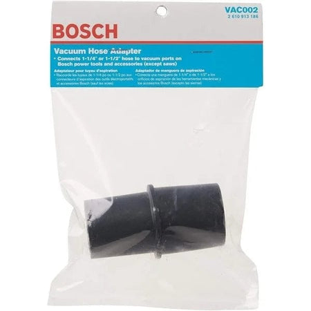 Front view of the retail packaging bag containing the black vacuum hose adapter with a blue Bosch header card.