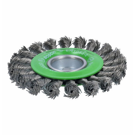 The Bosch X-LOCK full cable knotted wire wheel shown from an front angle, highlighting the dense arrangement of the stainless steel knotted wire bundles.