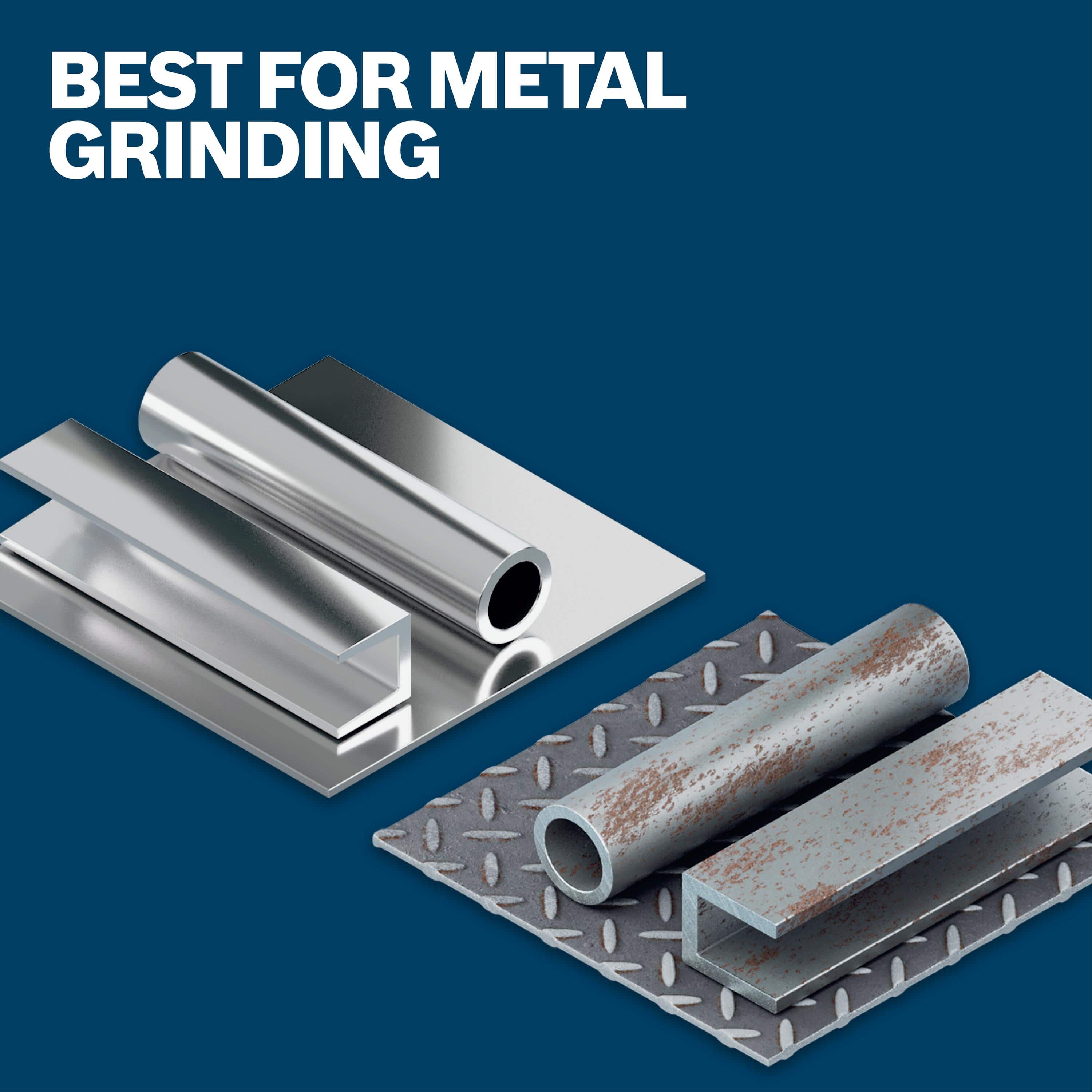 A marketing graphic titled Best for Metal Grinding showing various stainless steel and aluminum structural shapes, tubes, and rusted ferrous metal plates to demonstrate application versatility.