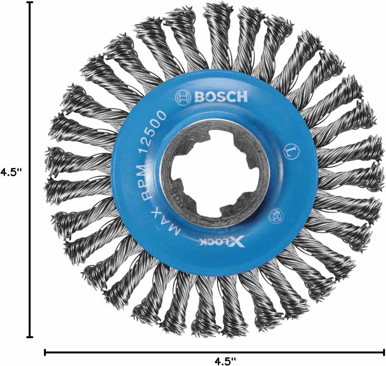 Studio view of the wire wheel with dimensional lines indicating a 4.5 inch overall diameter.