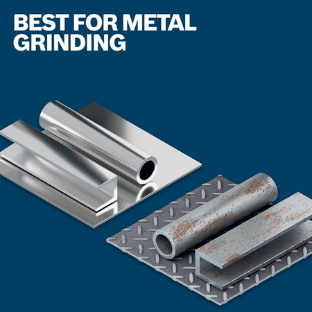 Graphic titled Best For Metal Grinding displaying various metal profiles including round pipe, square tubing, and C-channel steel.