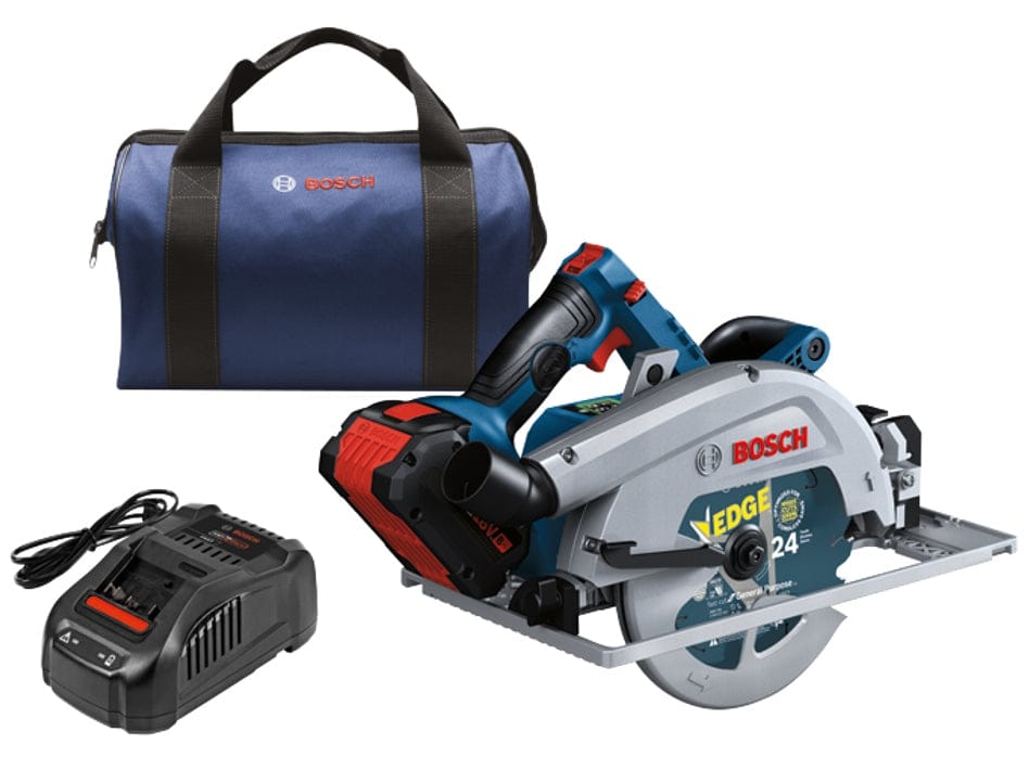 Bosch circular saw kit with saw, battery, charger, and branded carrying bag; designed for portable cutting tasks.