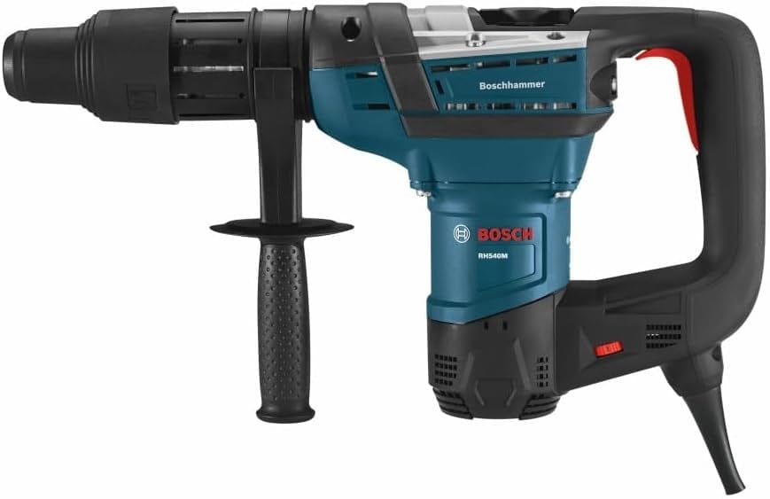 Bosch RH540M rotary hammer drill with side handle and SDS-max chuck, designed for professional concrete drilling and chiseling, shown in blue and black with red accents.