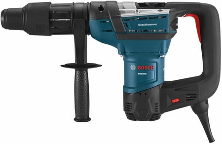 Bosch RH540M rotary hammer drill with side handle and SDS-max chuck, designed for professional concrete drilling and chiseling, shown in blue and black with red accents.