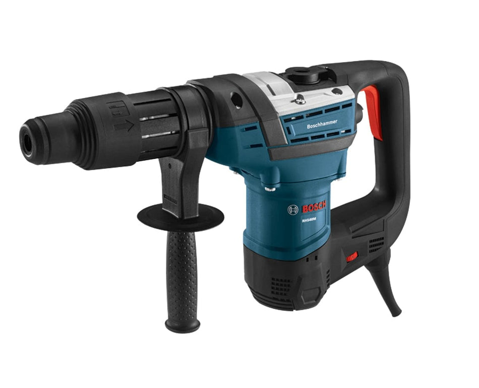 Boschhammer rotary hammer drill with side handle and SDS chuck system, designed for heavy-duty concrete and masonry work, shown with Bosch Professional branding.