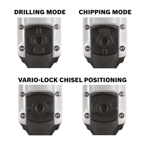 Close-up views of a Bosch rotary hammer’s mode selector switch showing four operational settings: drilling mode, chipping mode, and two angles of vario-lock chisel positioning.