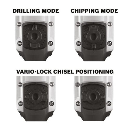 Close-up views of a Bosch rotary hammer’s mode selector switch showing four operational settings: drilling mode, chipping mode, and two angles of vario-lock chisel positioning.