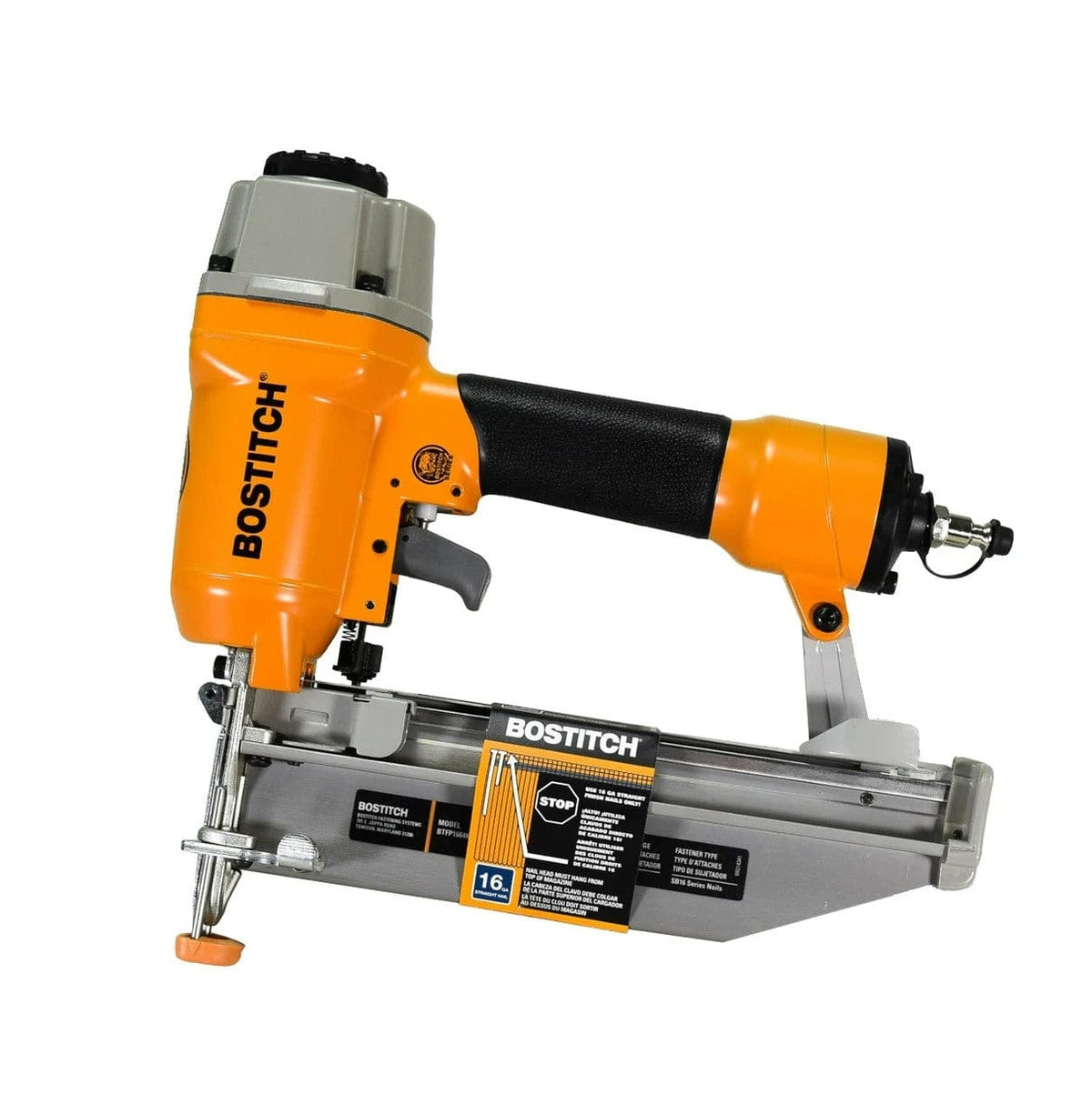 A three-quarter angle studio shot of the orange and black Bostitch BTFP1664K 16-gauge finish nailer.