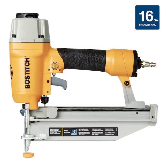 A side profile studio shot of the Bostitch BTFP1664K finish nailer with a "16 GA Straight Nail" logo.