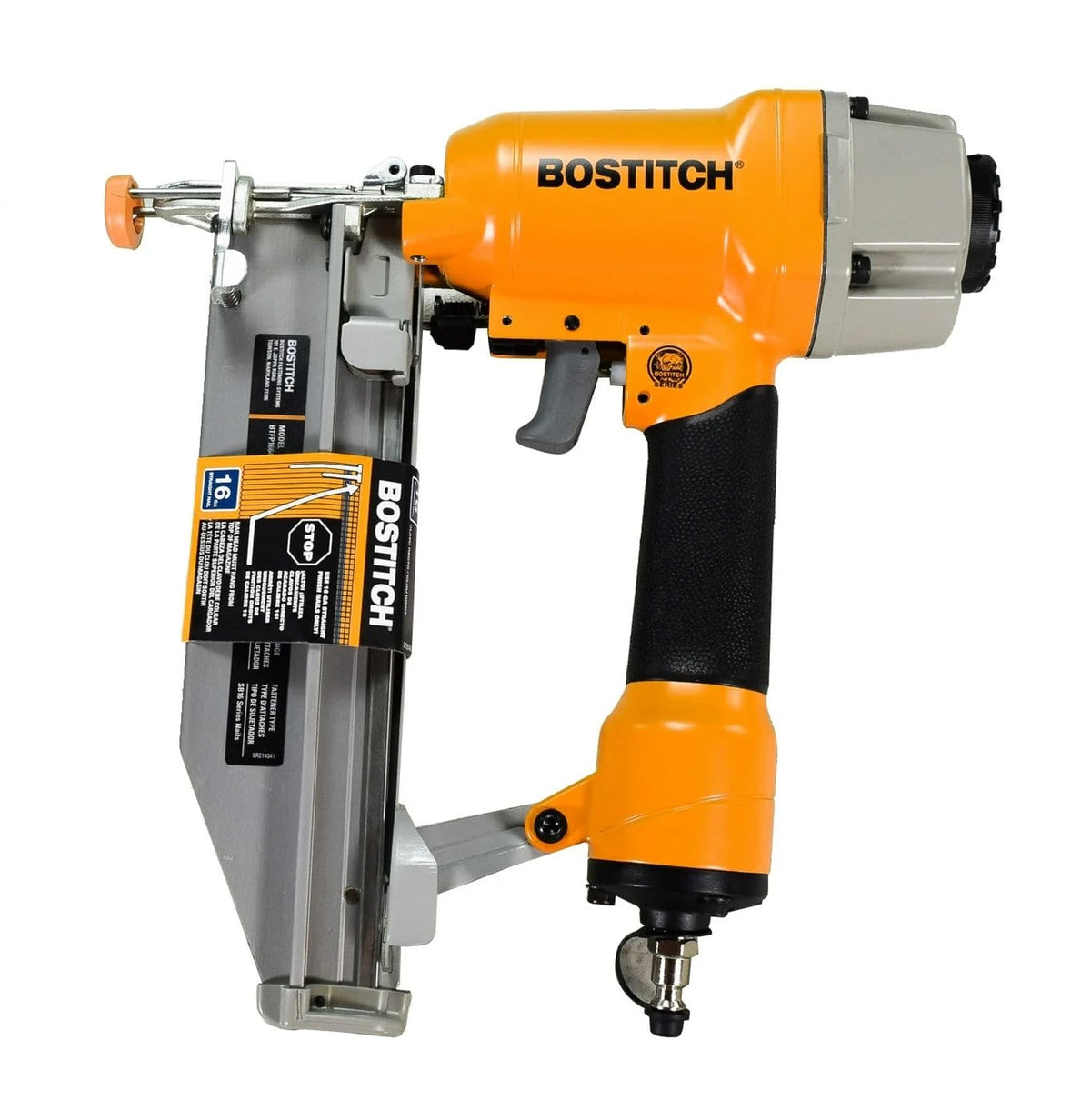 A front-on profile studio shot of the Bostitch BTFP1664K finish nailer, highlighting the magazine and trigger.
