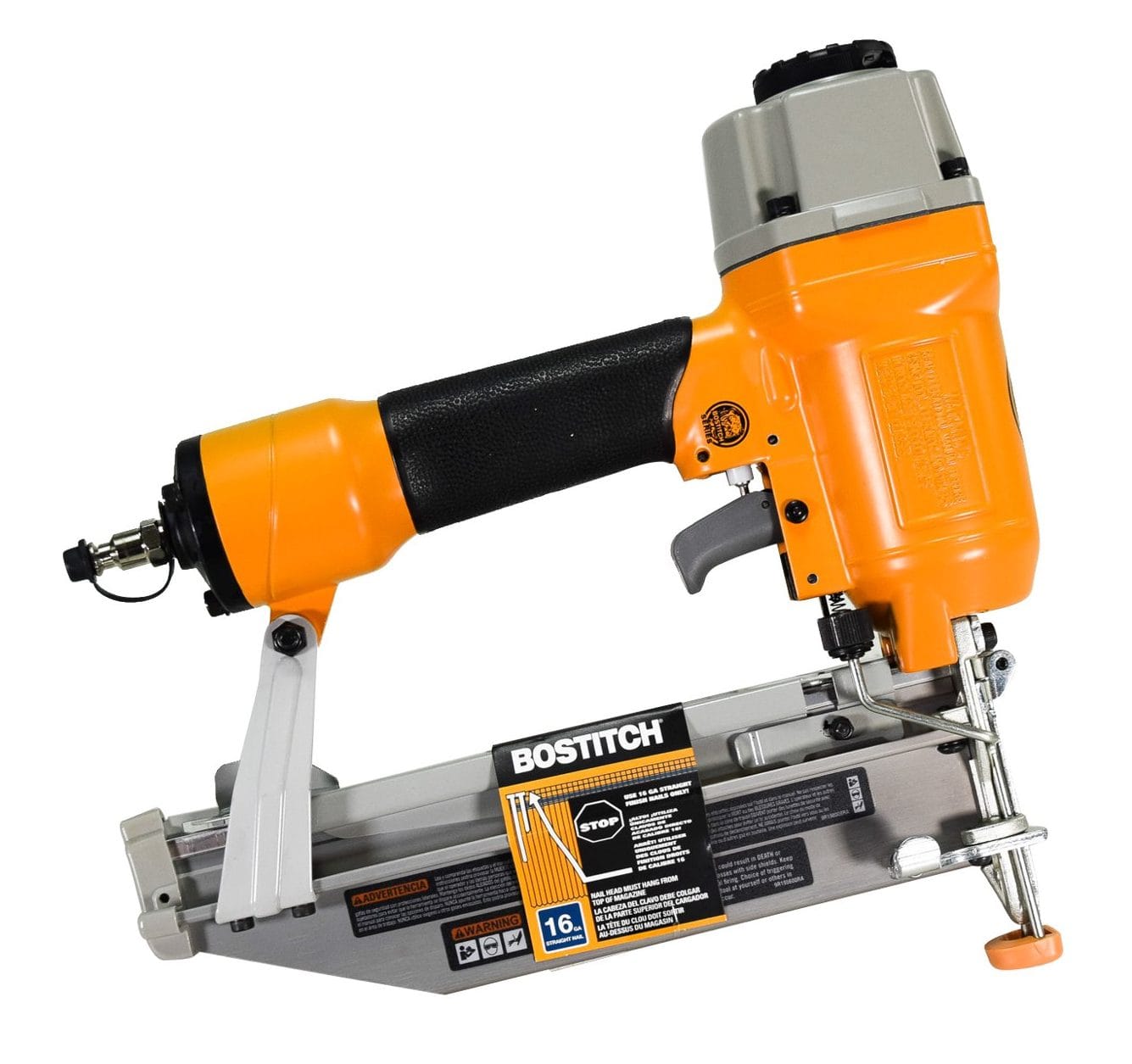 A three-quarter profile studio shot of the Bostitch BTFP1664K finish nailer from a low angle.
