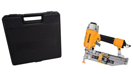 A studio shot showing the Bostitch BTFP1664K finish nailer next to its black carrying case.