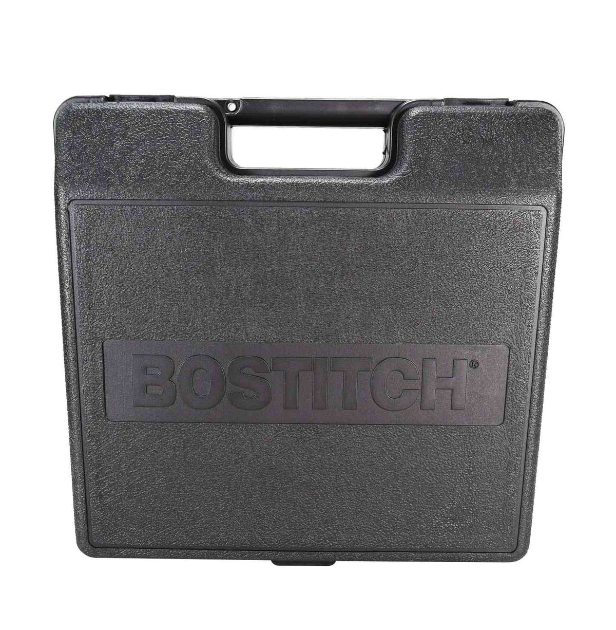 A studio shot of the black, hard-shell carrying case with the Bostitch logo.