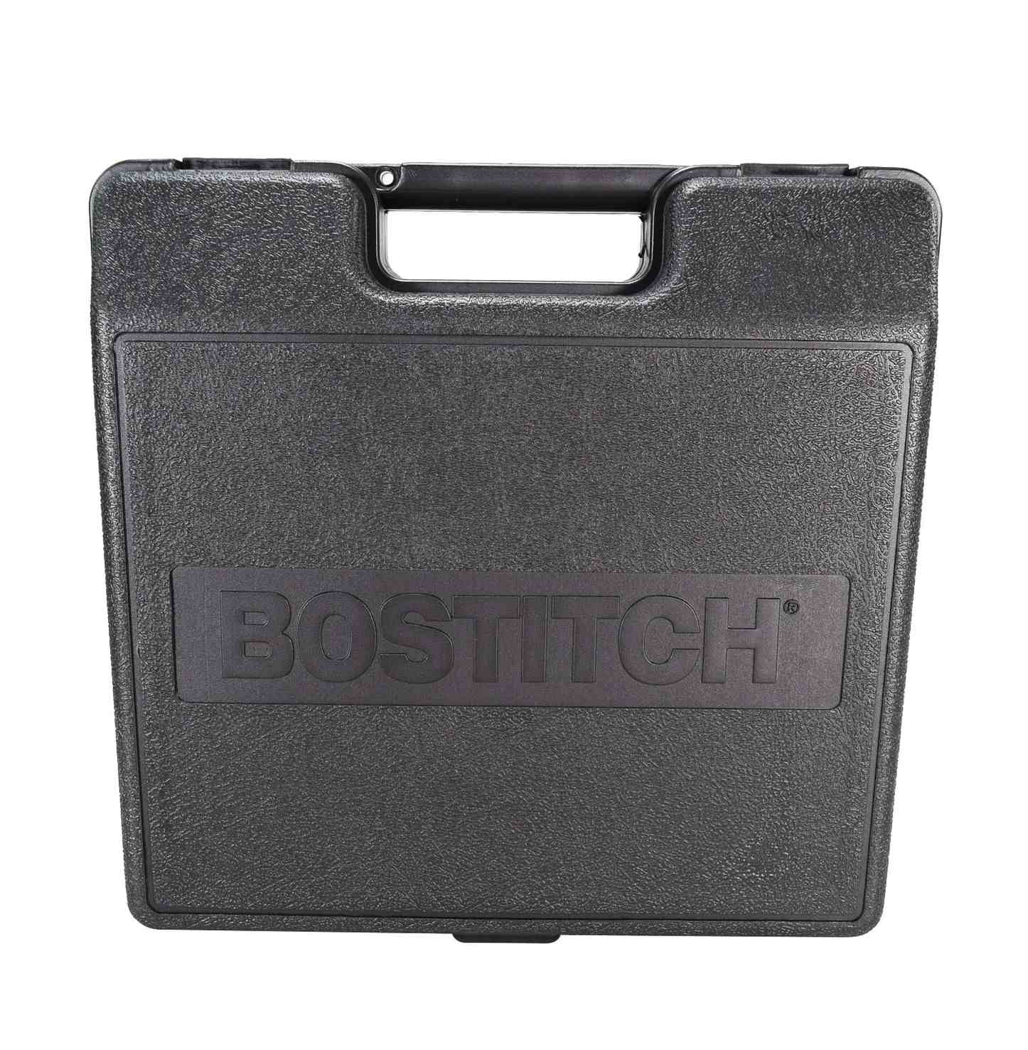 A studio shot of the black, hard-shell carrying case with the Bostitch logo.