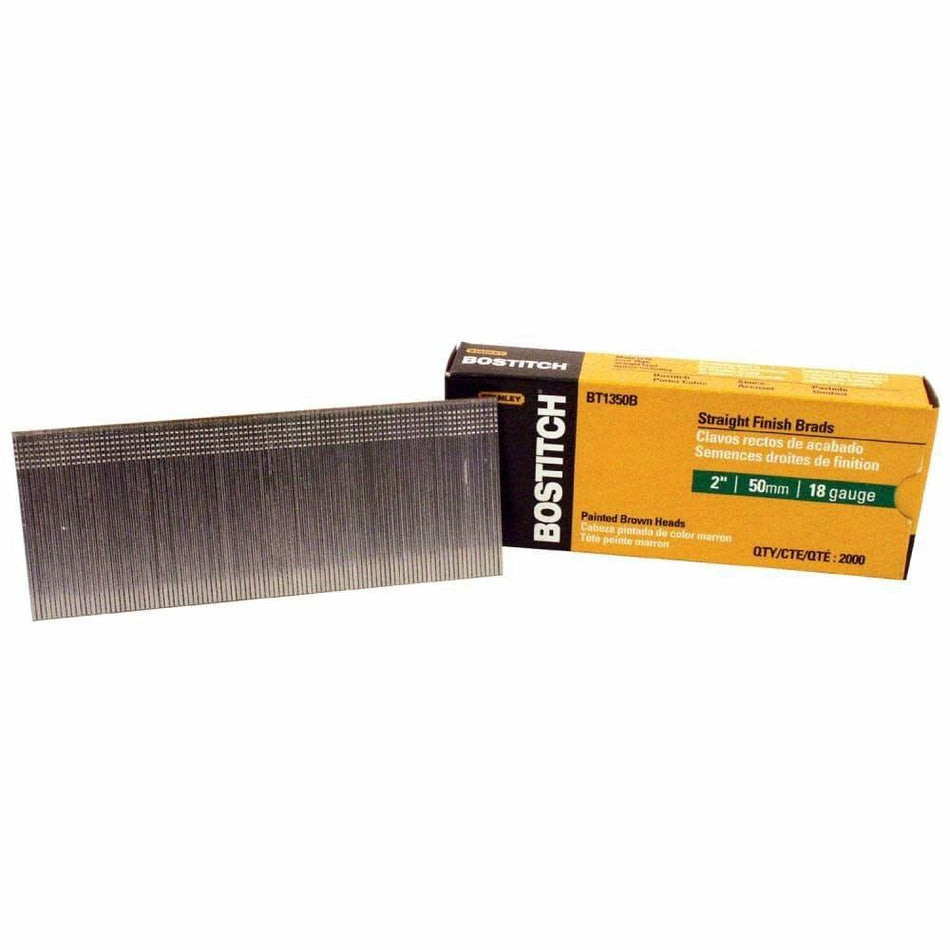A large strip of Bostitch 2-inch 18-gauge brad nails next to the yellow and black 2000-count retail box, model BT1350B.
