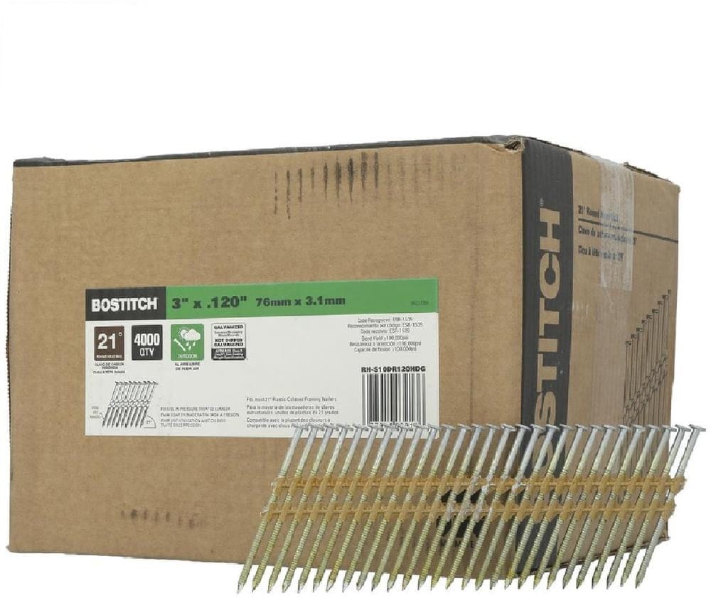 A cardboard box containing 4000 Bostitch 3-inch galvanized framing nails, with a strip of the 21-degree plastic collated nails displayed in front of the box.