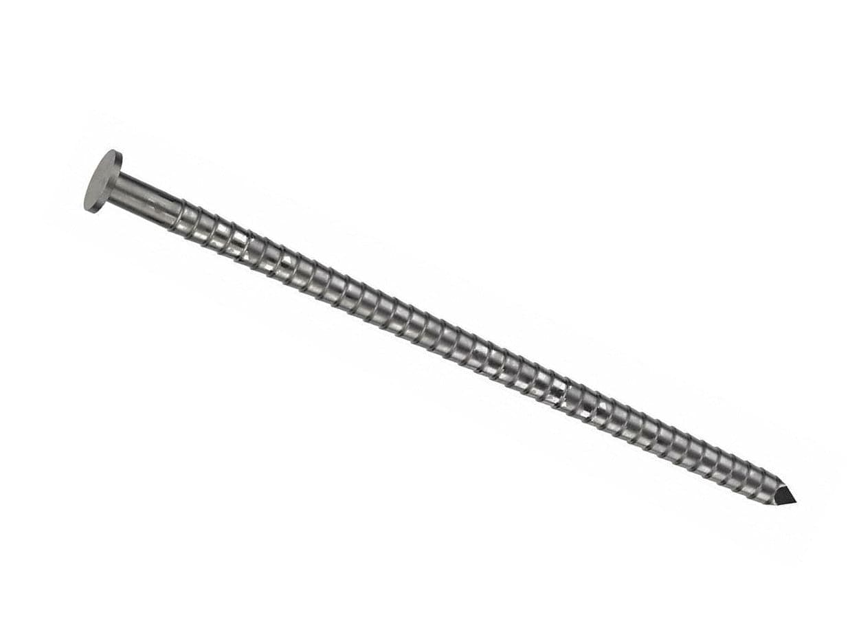 A detailed close-up image of a single Bostitch 3-inch galvanized framing nail, showing the full round head, the ring shank texture, and the diamond point.