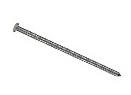 A detailed close-up image of a single Bostitch 3-inch galvanized framing nail, showing the full round head, the ring shank texture, and the diamond point.