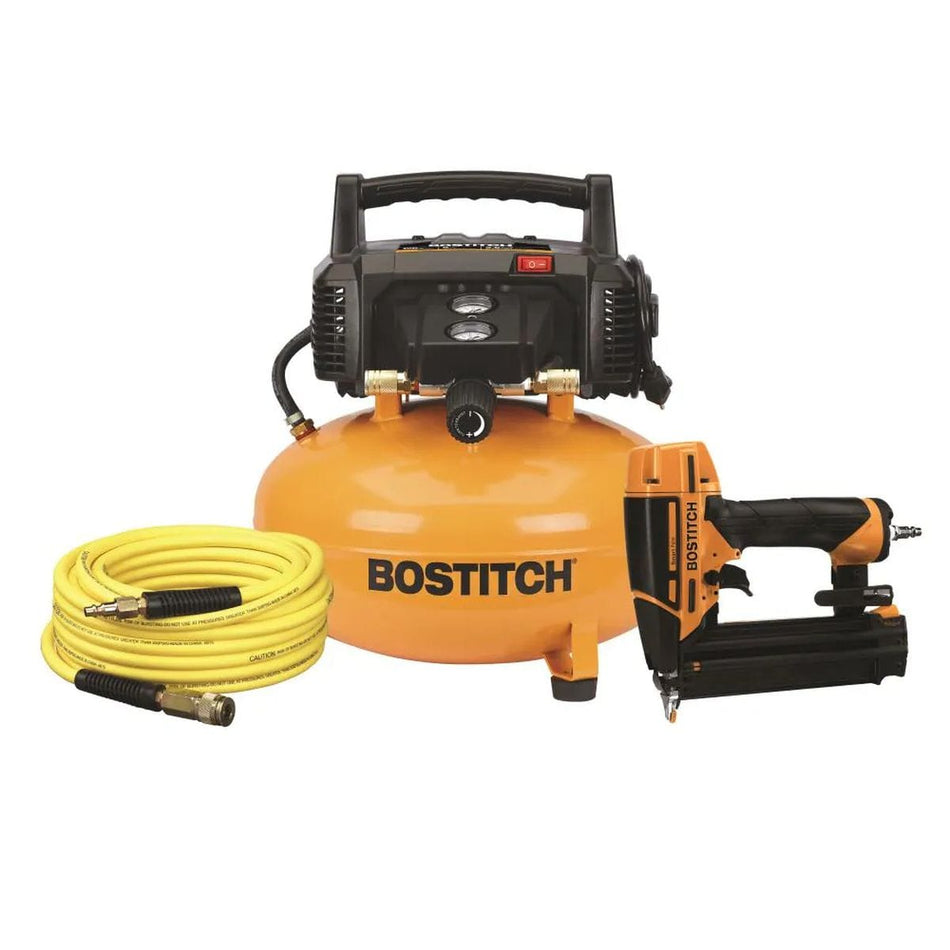 A comprehensive product set featuring the Bostitch 6-gallon pancake air compressor with a yellow tank and black top, a 50-foot yellow air hose, and an 18-gauge brad nailer.