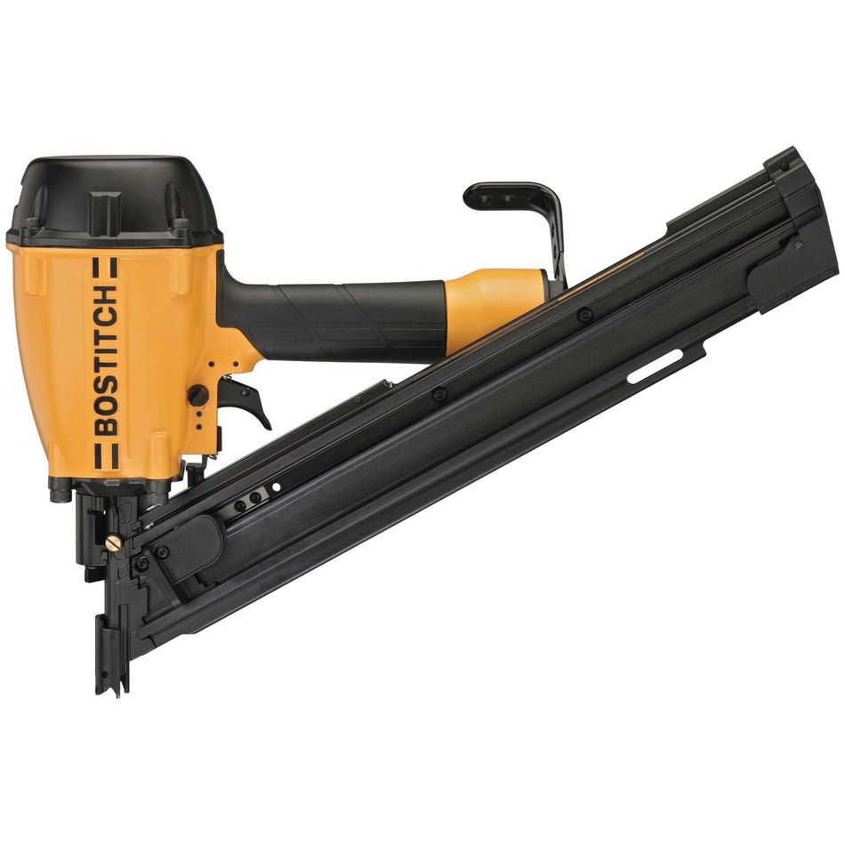 Full side view of the Bostitch BTF83PT 30-degree pneumatic framing nailer featuring a low-profile design, an angled magazine for paper tape nails, and an integrated rafter hook.