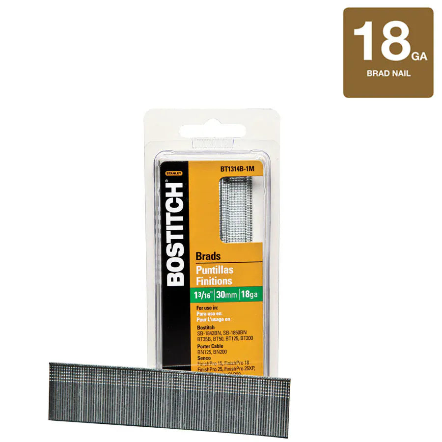 Bostitch Brad Nails BT1314B-1M 1-3/16 Inch Length 18 Gauge Fasteners (1000 Pack Galvanized Coated Steel Chisel Point Cabinet Wood Trim Carpentry)