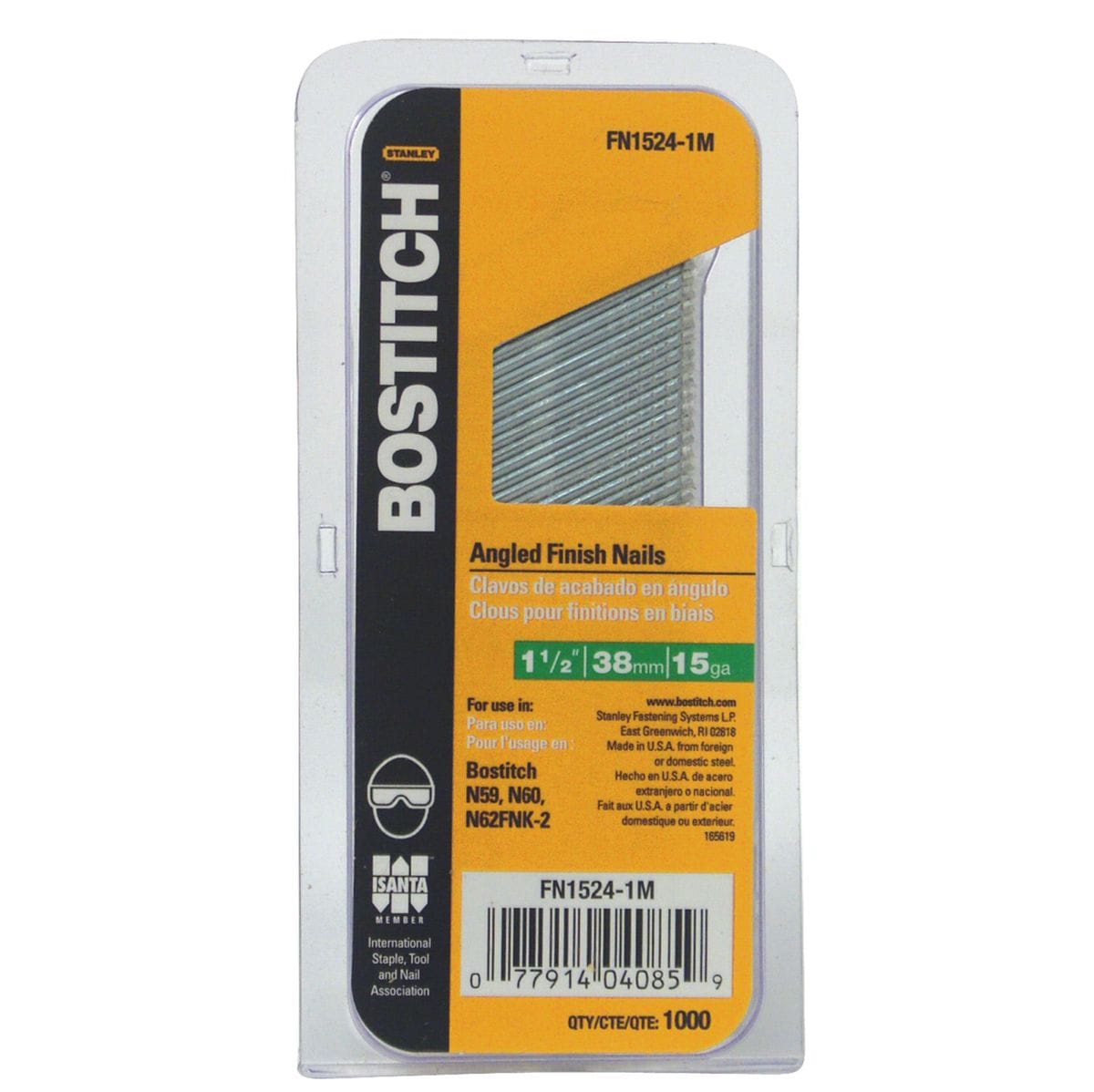 Bostitch FN1524-1M 1-1/2-inch 1-thousand-pack angled finish nails packaged in a clear retail box showing gauge and tool compatibility.