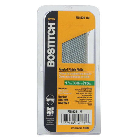 Bostitch FN1524-1M 1-1/2-inch 1-thousand-pack angled finish nails packaged in a clear retail box showing gauge and tool compatibility.