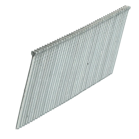 Adhesive-collated strip of Bostitch 15-gauge angled finish nails designed for jam-free feeding in pneumatic nailers.