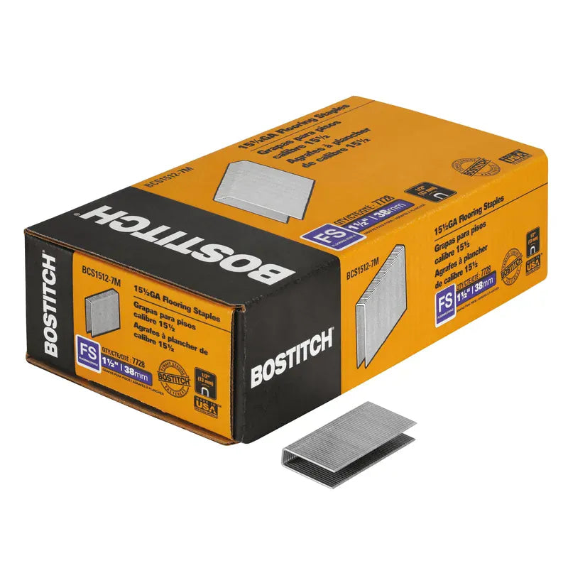 Bostitch 15.5-gauge flooring staples box with a 1/2-inch crown stick for tongue-and-groove hardwood plank installation.
