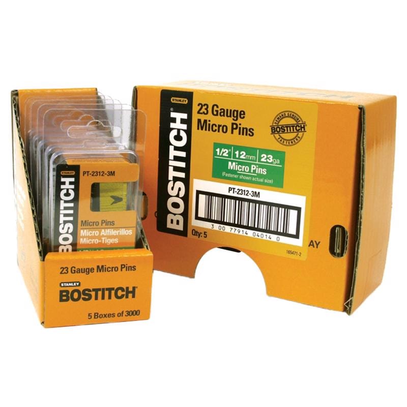 Bostitch PT-2312-3M 1/2-inch 23-gauge micro pin packaging displaying blister packs and master box specifications.